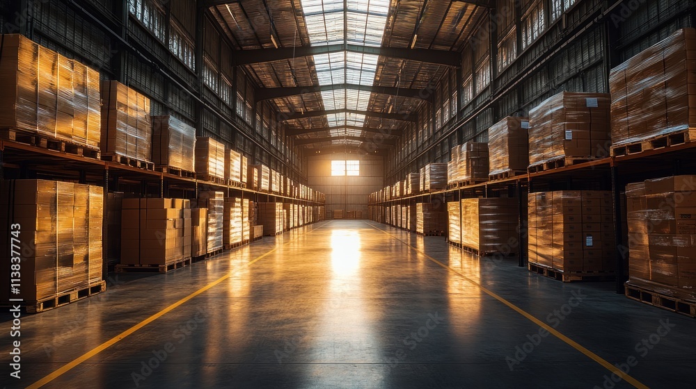 Fototapeta premium A spacious warehouse filled with stacked pallets, illuminated by sunlight through windows.