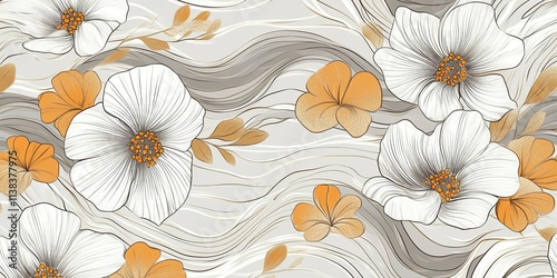 hand drawn desktop wallpaper seamless pattern and whiteaesthetic retro flowers abstract shape in light grey and gold background  photo