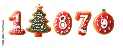 Christmas Cookies Shaped As Numbers And A Tree, on transparent background , png photo