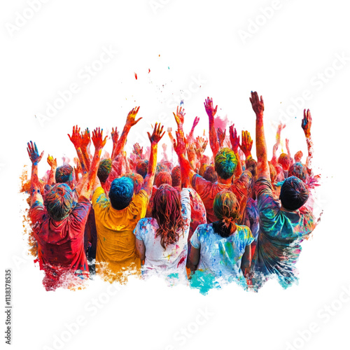 A lively crowd celebrating traditional Holi, filled with festive joy and vibrant colors, isolated on a transparent background.