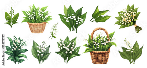 Lily of the valley flowers with green leaves set. Spring white elegant wild plant herb bouquet in a wicker basket. Romantic delicate cover sticker design element. Cartoon style isolated vector clipart