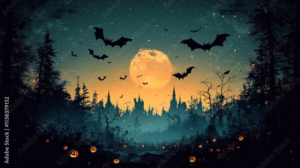 A spooky Halloween scene featuring a full moon, bats, and carved pumpkins in a dark forest. A spooky Halloween scene featuring a full moon, bats, and carved pumpkins in a dark forest.