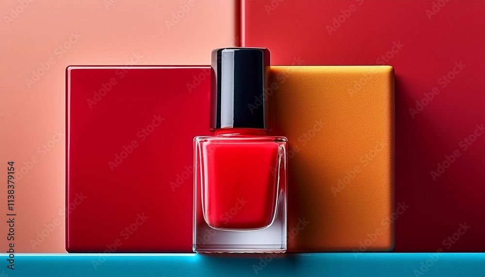 bright red nail polish bottle arranged on colorful block background perfect for beauty and fashion themes showcasing vibrant cosmetic colors