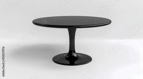 A simple, minimalistic black glass table with a round top, on a white background.