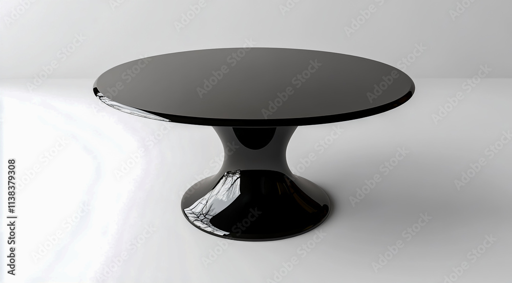 A simple, minimalistic black glass table with a round top, on a white background. A simple, minimalistic black glass table with a round top, on a white background.