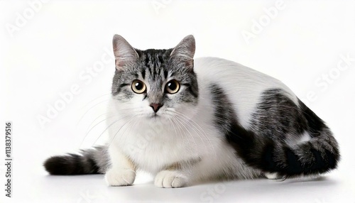 White & Grey Cat. Isolated on White Background. Photo Studio.