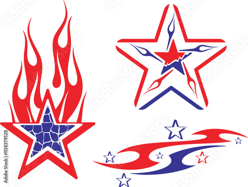 Vector Flames and Stars vehicle decal designs in American-inspired style. Ready-to-cut graphics, great for car and sport vehicle wraps, celebration and holiday designs in national colors.