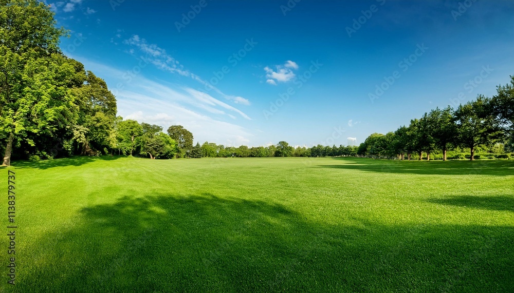 an open grassy field in a public park with well kept grass and a backdrop of mature trees and blue sky an open grassy field in a public park with well kept grass and a backdrop of mature trees and blue sky