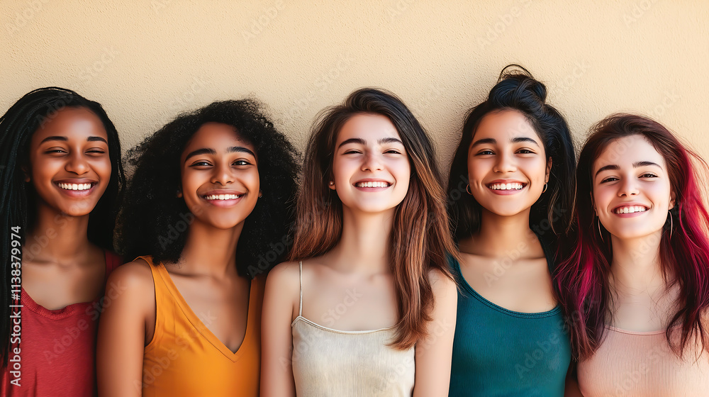 Portrait of young multiracial women standing together and smiling. Friendship and togetherness concept
Portrait of young multiracial women standing together and smiling. Friendship and togetherness concept