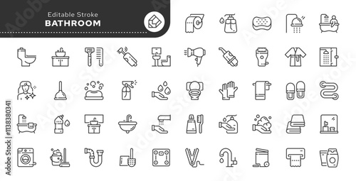 Bathroom line icon set. Bath, room, sink, washbasin, toilet, shower, soap, mirror, towel, robe, slippers and more. Outline vector icon in linear style. Pictogram collection