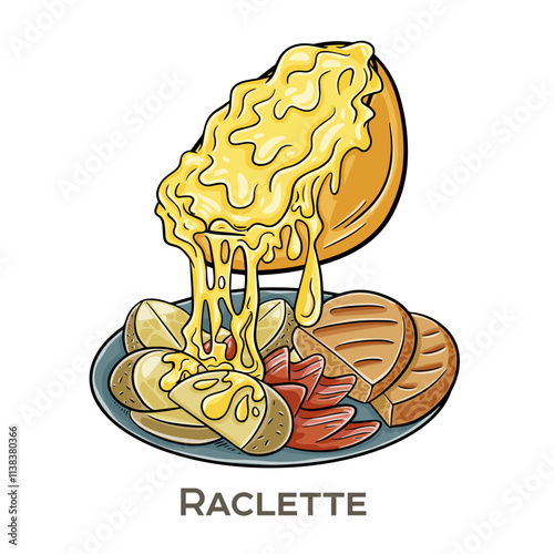 Raclette is a traditional Swiss dish featuring melted cheese scraped onto potatoes and other accompaniments.