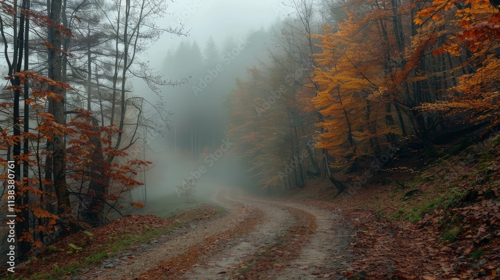 Naklejka premium The forest is alive with the vibrant colors of autumn, as golden leaves blanket the forest floor.