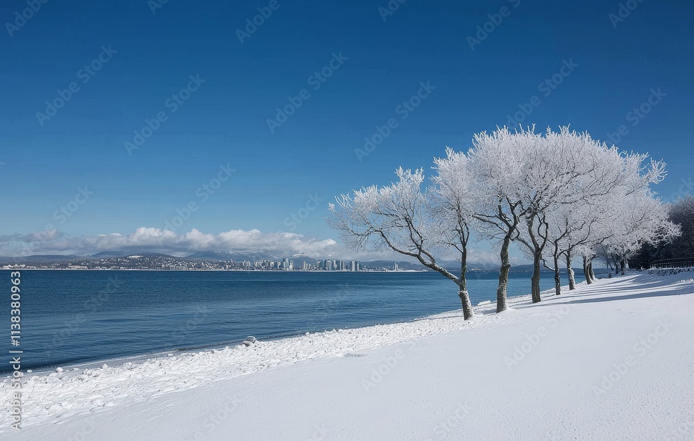 A serene winter landscape showcasing a beautiful reflection on the water's surface. A serene winter landscape showcasing a beautiful reflection on the water's surface.