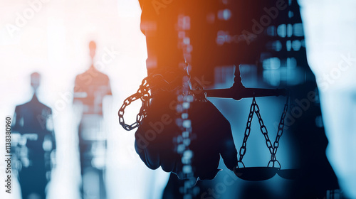 silhouette of policewoman holding handcuffs and scales of justice, symbolizing law enforcement and justice