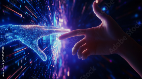 Human and Robot Hands Reaching Out to Connect Through a Digital Interface A human hand and a robotic hand extend towards each other, touching gently through a glowing digital scree