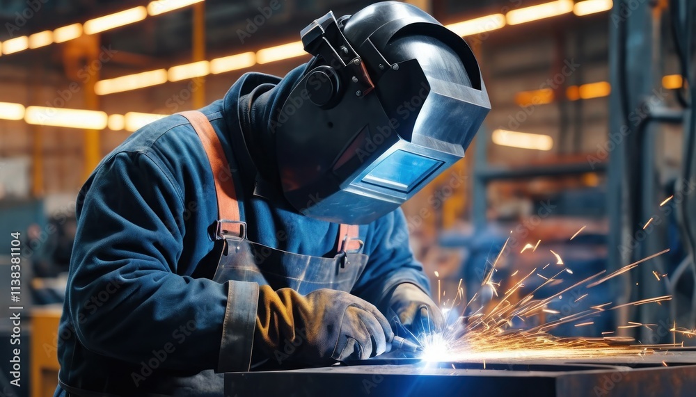 welder is welding metal , industry them bokeh and sparkle background, Generative Ai