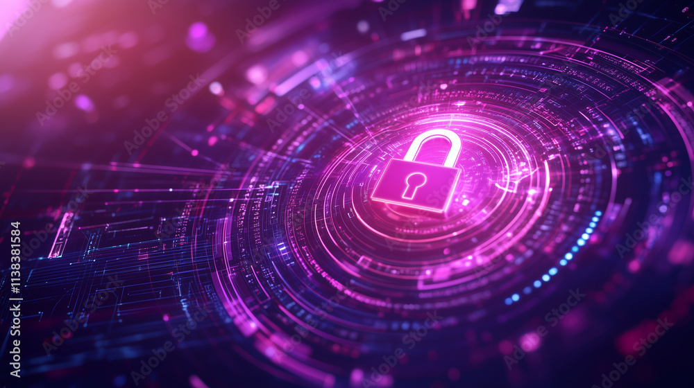 Obraz premium Information Privacy and Cybersecurity with Padlock on Virtual Display A digital interface features a glowing padlock icon at the center, representing robust personal data protectio