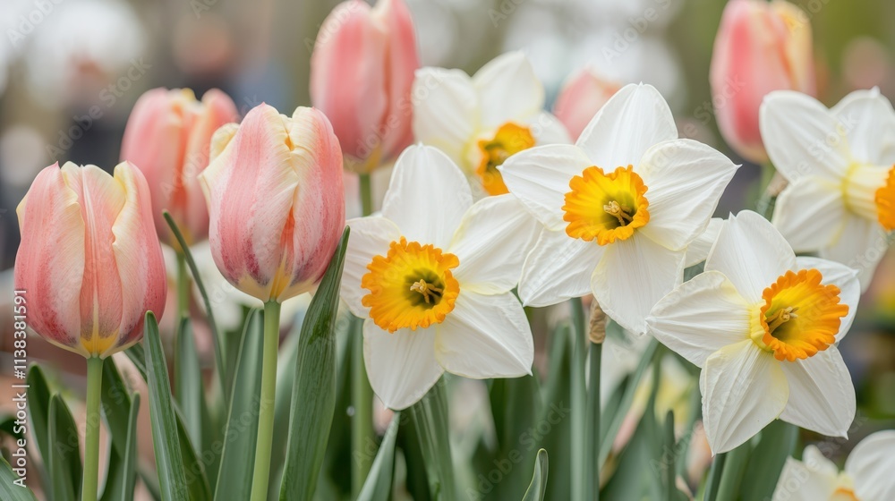 Spring blooming tulips and daffodils vibrant garden floral outdoor setting close-up view nature's beauty Spring blooming tulips and daffodils vibrant garden floral outdoor setting close-up view nature's beauty