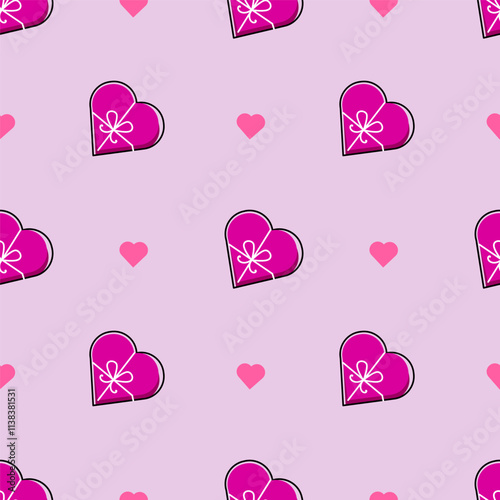 Magenta Seamless pattern with gift box love and hearts. Vector illustration. Candy heart
