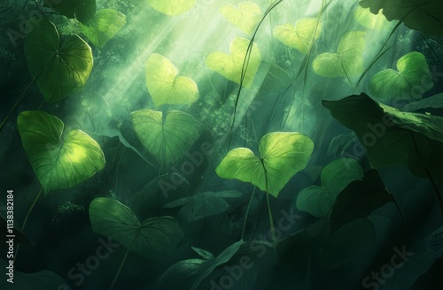 Sunlit Green Leaves in Lush...