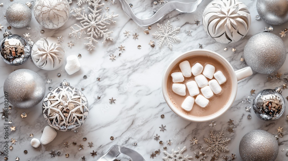 Warm hot chocolate topped with marshmallows sits amidst festive Christmas ornaments and snowflakes. Warm hot chocolate topped with marshmallows sits amidst festive Christmas ornaments and snowflakes.