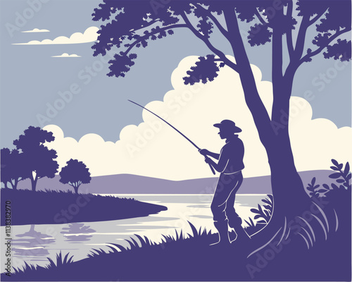 peaceful outdoor fishing illustration with scenic landscape