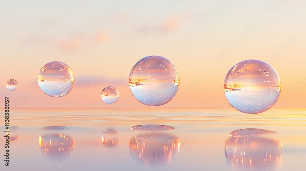 Surreal floating orbs with reflections dreamlike seascape digital art tranquil environment aerial view abstract concept Surreal floating orbs with reflections dreamlike seascape digital art tranquil environment aerial view abstract concept