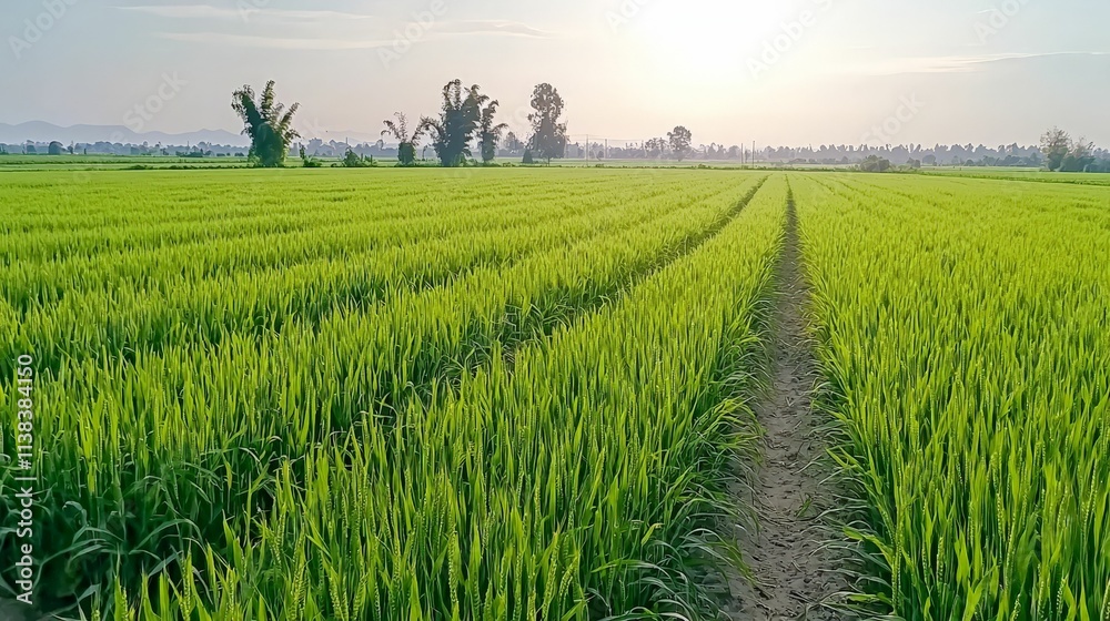 Obraz premium background concept. Lush green rice field stretching towards the horizon under a bright sky.