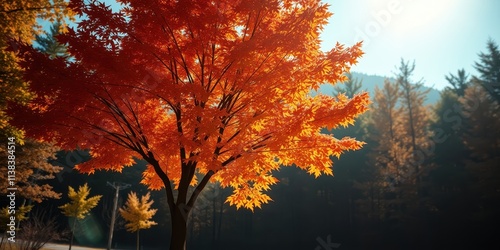 A single maple tree with vibrant orange leaves stands out against a backdrop of a muted autumnal forest, capturing the beauty of the changing seasons.