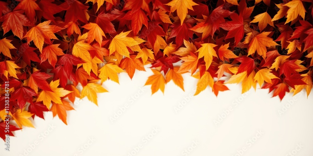 Fototapeta premium A vibrant border of autumn leaves in hues of red, orange, and yellow against a stark white background, a perfect frame for seasonal greetings or autumnal messages.