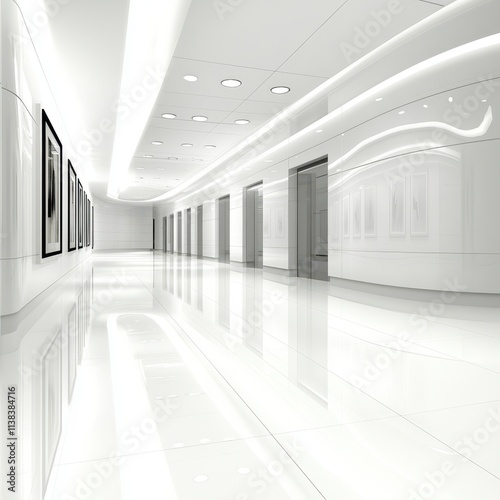 Art gallery-style hallway  minimalist black and white photos  modern lighting  sleek lines  avant-garde design  rendered in 3D