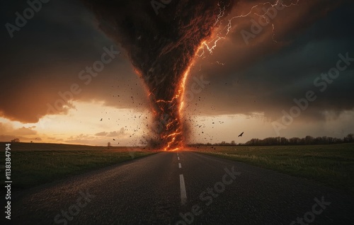 A dramatic sunset storm produces a powerful tornado that twists through the countryside, with sheet lightning adding to the spectacle. This scene is illustrated in mixed media.