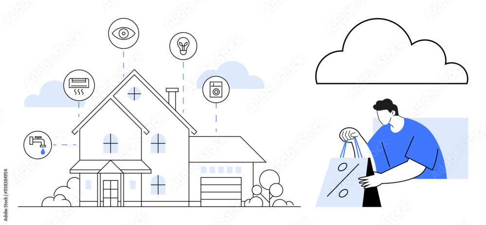 Smart home with icons for various devices connected to cloud. User interacting with data. Ideal for smart home technology, IoT systems, home automation, security, energy management, data integration Smart home with icons for various devices connected to cloud. User interacting with data. Ideal for smart home technology, IoT systems, home automation, security, energy management, data integration
