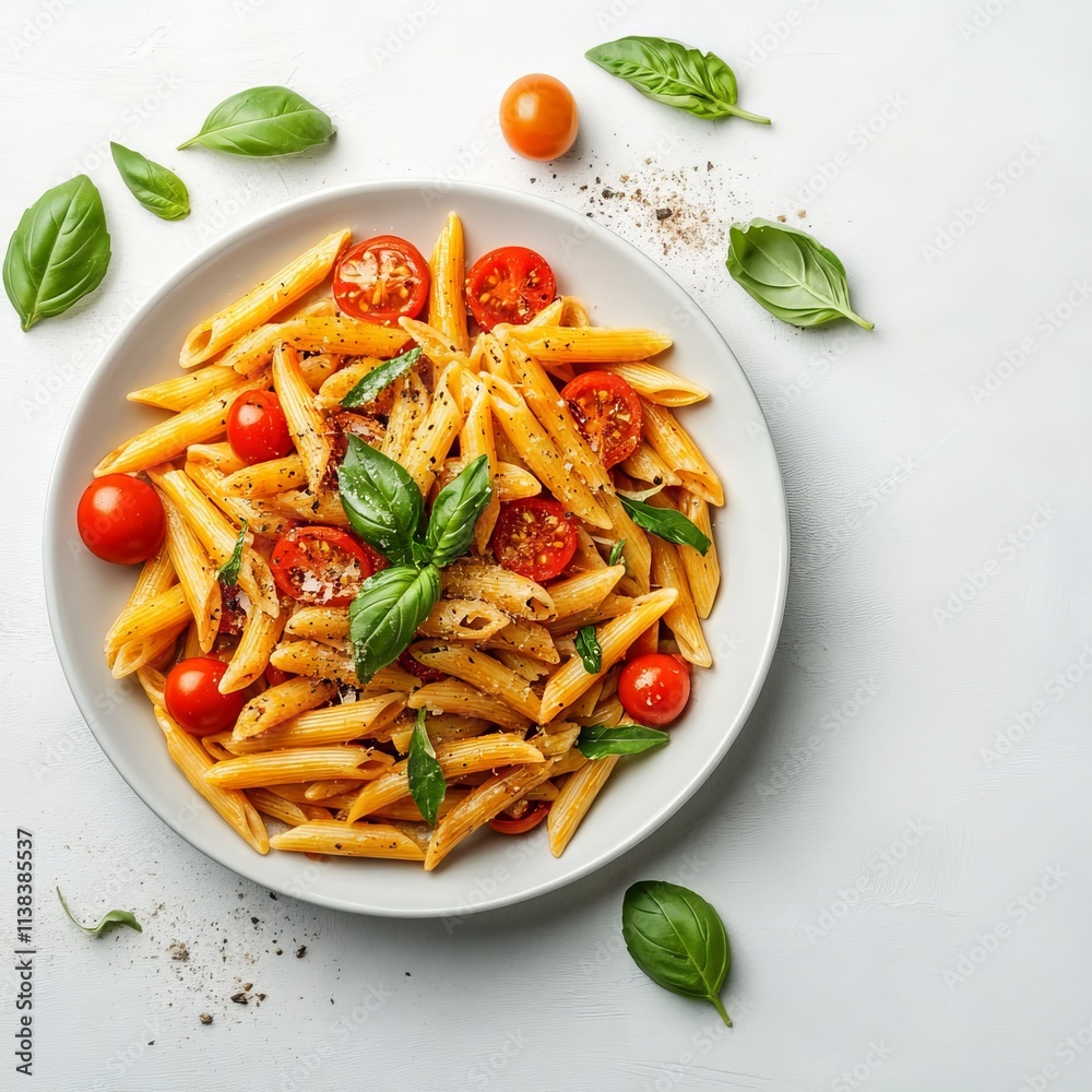 Vegetarian meal. Tasty pasta with fresh tomatoes and basil on light grey table, top view. Space for text --v 6.1 Job ID: 1a831d37-975f-47a3-a4bf-e090045cc83b Vegetarian meal. Tasty pasta with fresh tomatoes and basil on light grey table, top view. Space for text --v 6.1 Job ID: 1a831d37-975f-47a3-a4bf-e090045cc83b