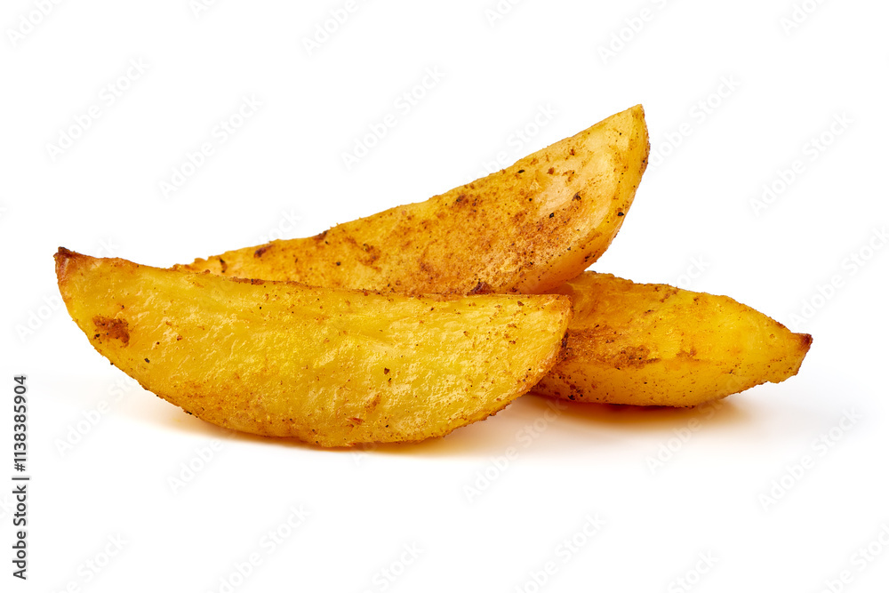 Baked potato wedges, fried potatoes, isolated on white background. Baked potato wedges, fried potatoes, isolated on white background.
