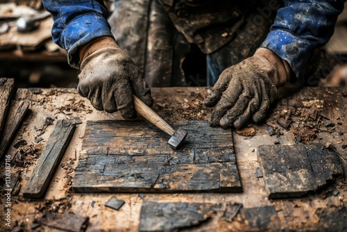 Close-up of carpenter's hands chiseling wood details on a fireplace mantel, soft shadows, photorealistic, high contrast. photo