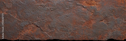 A grunge-style panoramic texture of rusted metal, with a background of rust and oxidized metal, highlighting an old iron panel.