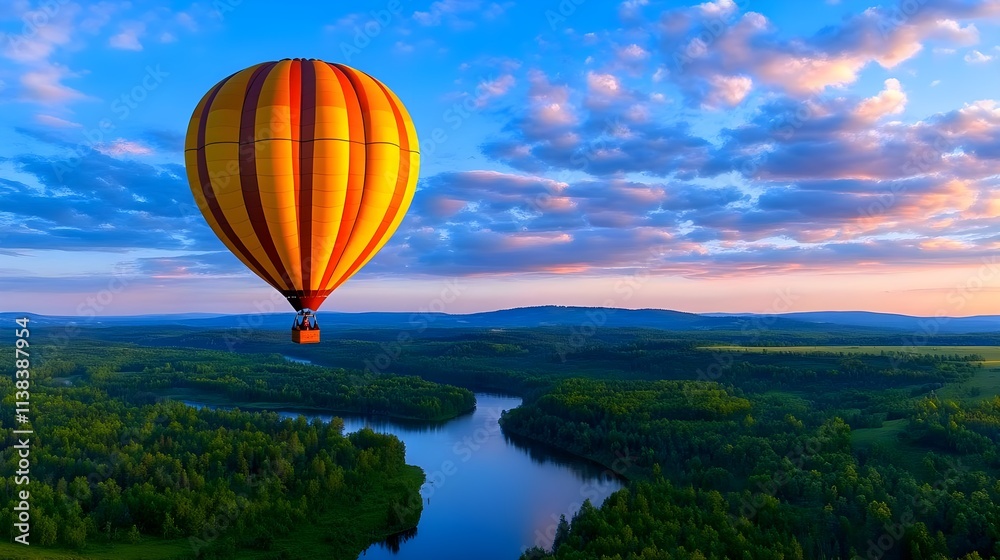 Fototapeta premium Colorful Hot Air Balloon Over Serene Landscape at Sunset with Lush Green Forests and Reflective River Under Beautiful Sky Filled with Clouds