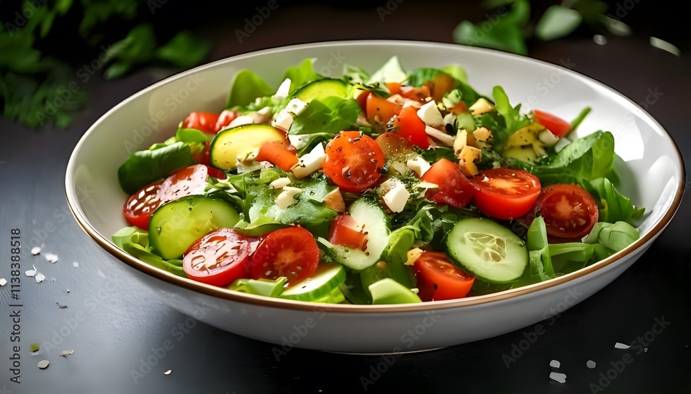 A refreshing summer salad with mixed greens, cherry tomatoes, cucumber slices, and crumbled A refreshing summer salad with mixed greens, cherry tomatoes, cucumber slices, and crumbled