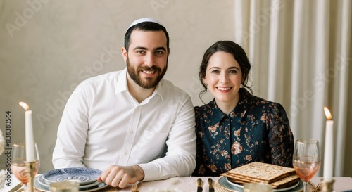 Jewish couple celebrating passover with traditional meal and matzah
