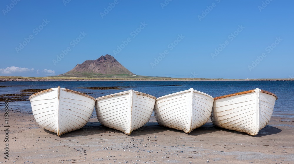 Four White Boats on Sandy Beach with Distant Mountain Four White Boats on Sandy Beach with Distant Mountain