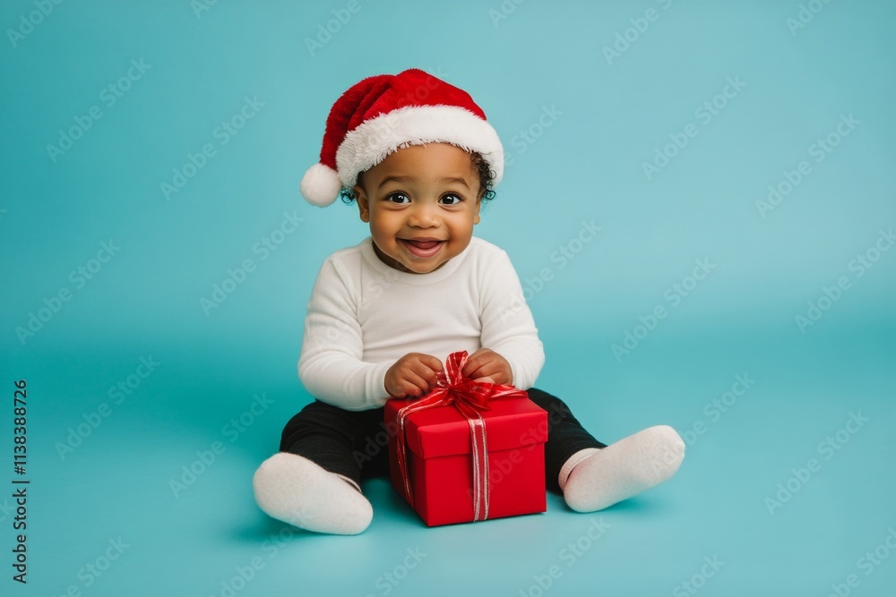 Copyspace. Isolated white black toddler boy in red santa cap with wrapped box in hands, on blue background. Santa hat gift. Santa kid interaction. Kid with santa. Kid holding gift.