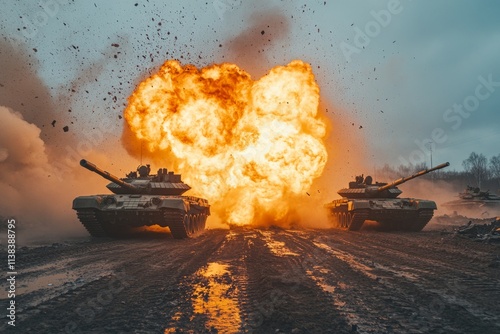 Two tanks are driving away from a large explosion during a military training exercise photo