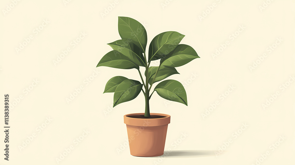 Obraz premium A ficus plant growing in a pot with green leaves, isolated on a plain background, showing houseplant and nature decoration. Isolated. Illustration