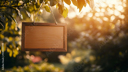 A wooden signboard hangs on a tree in front of a modern house photo