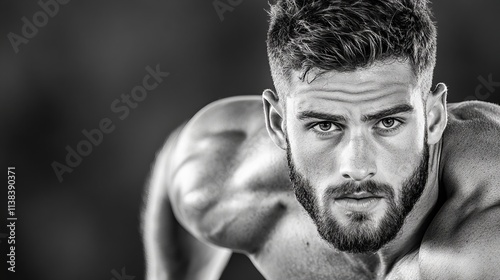 Intense portrait of a muscular young man with a beard, showcasing strength and determination in a dramatic black and white setting. photo