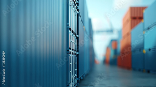 Close-up view of colorful shipping containers in an industrial port area with blue sky.