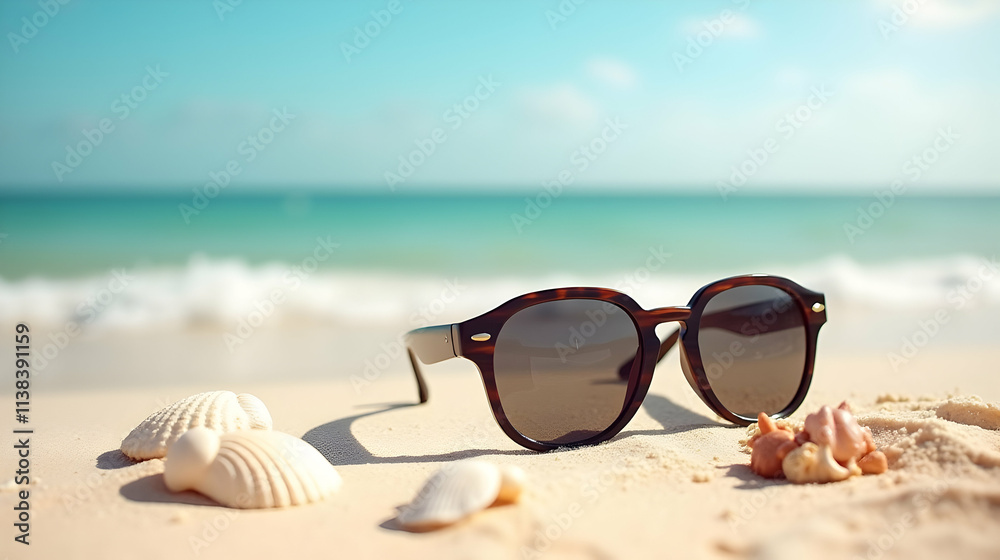 Summer vibes: Sunglasses resting on a sandy beach, beside seashells, with a tranquil ocean backdrop. Pure relaxation! Summer vibes: Sunglasses resting on a sandy beach, beside seashells, with a tranquil ocean backdrop. Pure relaxation!