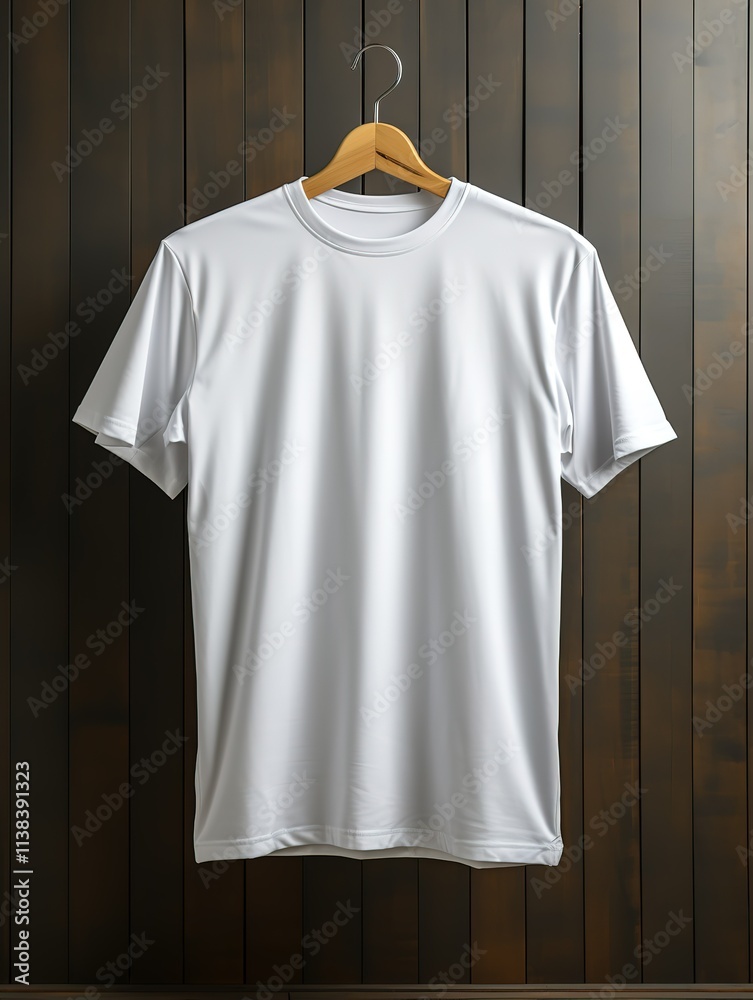 A white t-shirt hanging on a wooden hanger A white t-shirt hanging on a wooden hanger