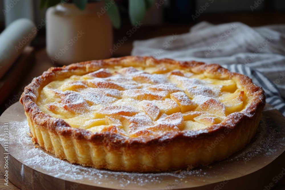 Freshly baked apple pie covered in icing sugar, emanating warmth and inviting indulgence